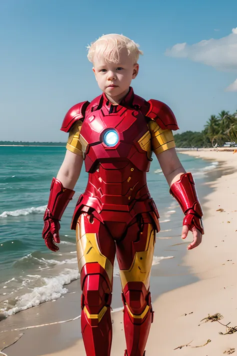 13-Year-Old Albino Girl in Iron Man Armor Bikinis Walking Along the Shore of the Beach