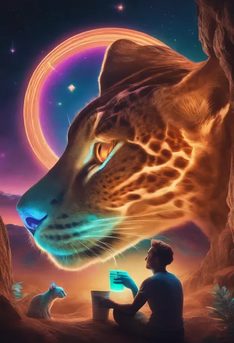 A prehistoric cat stuck in a psychedelic quantum realm, next to a realistic artist drinking a frappe