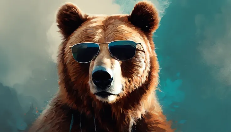 um urso pardo, Use uma jaqueta de estudante, wearing sunglasses, Usando fones de ouvido, Standing position, beleza abstrata, Centrado, looking at the camera, Facing the camera, nearing perfection, Dynamic, luar, altamente detalhado, pintura digital, art st...