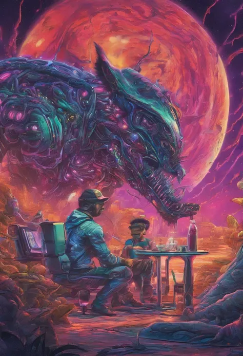 A prehistoric cat stuck in a psychedelic quantum realm, next to a realistic artist drinking a frappe --auto