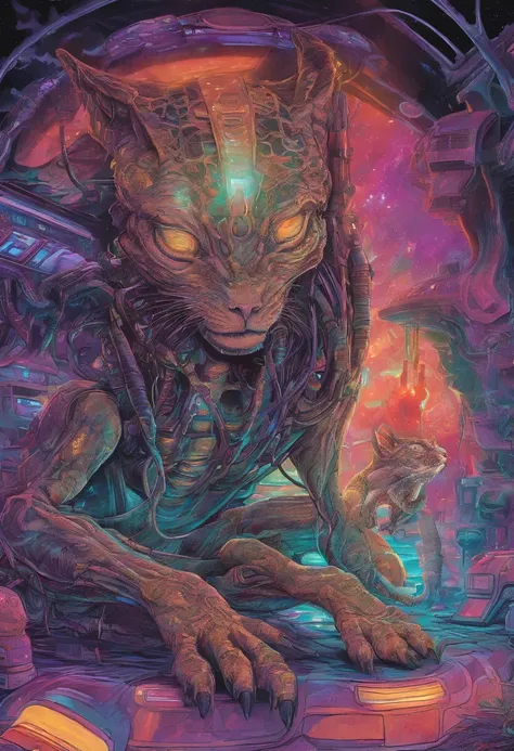 A prehistoric cat stuck in a psychedelic quantum realm, next to a realistic artist drinking a frappe --auto