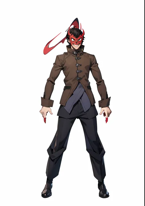 cartoon of a man in a brown jacket and black pants with a sword, full body devil man, villain wearing a red oni mask, anime character, human male demon, single character full body, anime style character, full body concept, full body savage devilman, evil s...