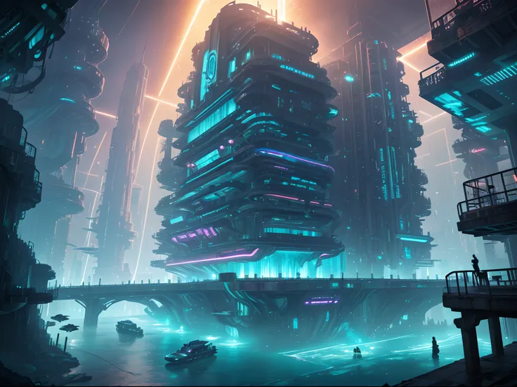 "(Underwater_City),(underwater_world),Descend into a submerged metropolis, where the citys architecture is a fusion of sleek cybernetics and decaying ruins. The waters currents carry whispers of a forgotten past, while the neon lights and holographic proje...