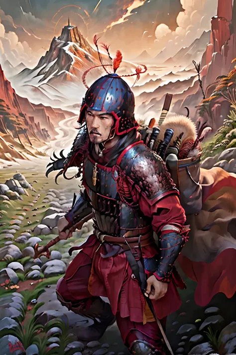 portrait of tran hung dao in battle armor and helmet, fierce determined expression, mountains and jungle in background - oil pai...