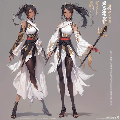 ((Masterpiece, Highest quality)), Detailed face, CharacterDesignSheet， full bodyesbian, Full of details, Multiple poses and expressions, Highly detailed, Depth, Many parts，Martial arts girl，white and black，holds a spear，double-ponytail，estilo fantasia，Surr...