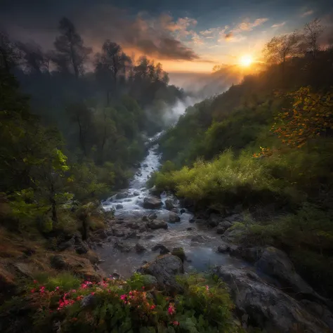 Magnificent view，Forest edge landscape photography Professional high-quality nature digital photography，(water flowing),Spring flowers bushes in the moonlight on a rainy night，precipice，Eau，Boulders，foggy sky，Traces of rain，Nightmare vision， Dark fantasy p...