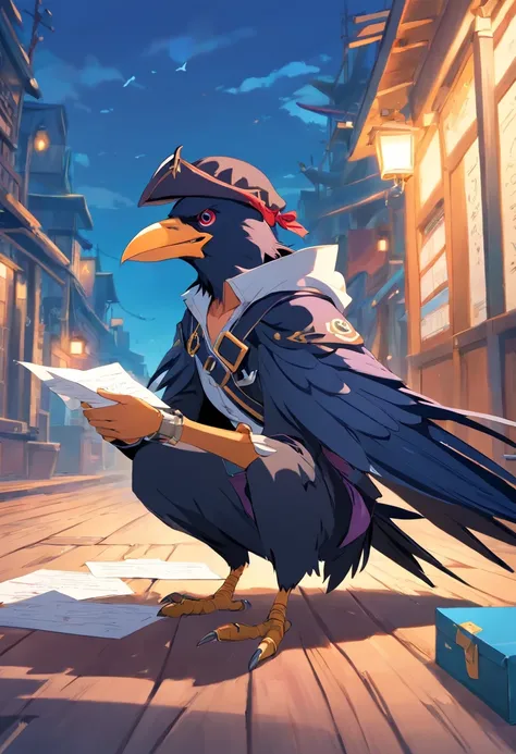 Crow. Pirate Crow with a letter in its leg. No human. Bird