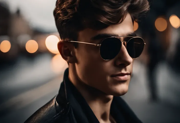 (best quality,ultra-detailed,picture-perfect,professional:1.2),boy with sunglasses,black background,cool,dark,stylish,contrast,lit from the side