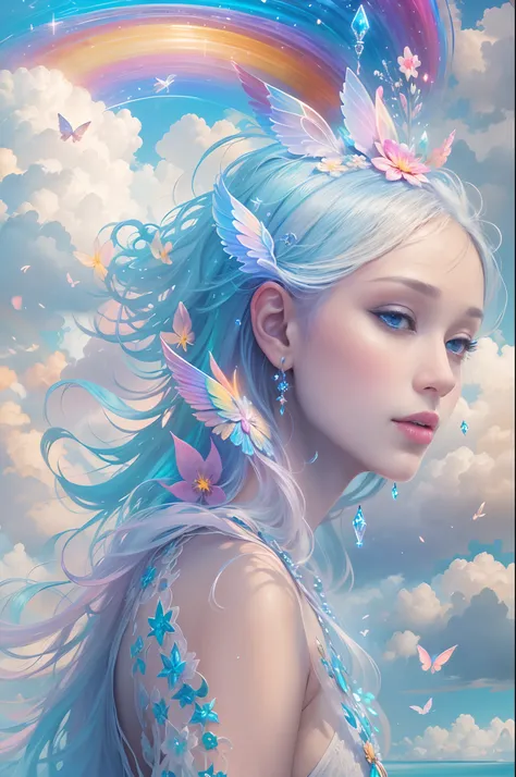 (Need)), ((tmasterpiece)), (A detailed),Rainbow fairy,Blue sky and white cloud background，Detailed rainbow,Blue sky rainbow，ethereal rainbows，Simple composition，anatomy correct，Surreal dreams，Surrealist art fantasy style，Epic digital fantasy art style