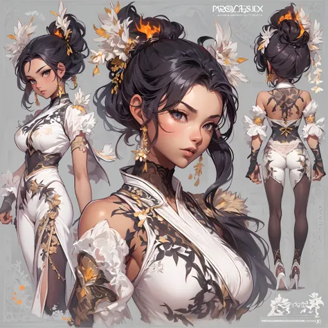 ((Masterpiece, Highest quality)), Detailed face, CharacterDesignSheet， full bodyesbian, Full of details, Multiple poses and expressions, Highly detailed, Depth, Many parts，Martial arts girl，white and black，holds a spear，double-ponytail，estilo fantasia，Surr...