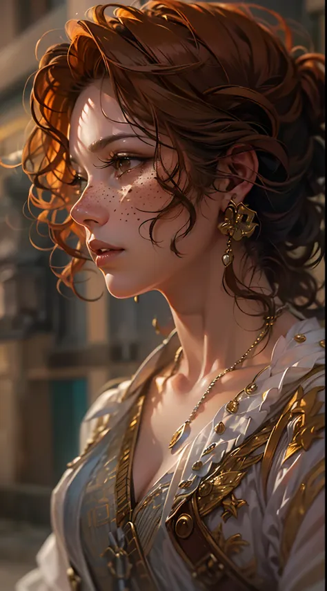 Detailed face features:1.3), (((mature woman))), standing wearing a flowing long dress, (face close-up photo, 16k, masterpiece, best quality: 1.2), (high detailed skin), (red short curly hair), ((brown eyes, freckles, detailed lips)), slim, automatic white...