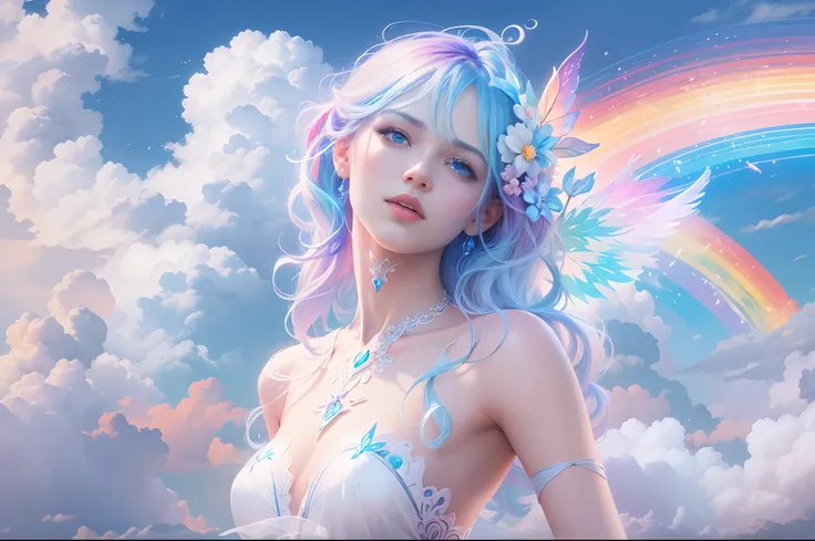 (Need)), ((tmasterpiece)), (A detailed),Rainbow fairy,Blue sky and white cloud background，Detail rainbow,Blue sky rainbow，ethereal rainbows，Simple composition，anatomy correct，Surreal dreams，Surrealist art fantasy style，Epic digital fantasy art style