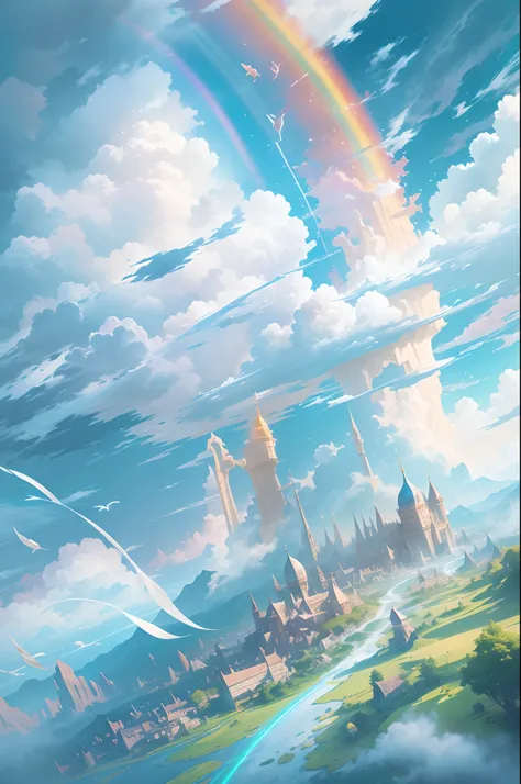 (Need)), ((tmasterpiece)), (A detailed),rainbowing,Blue sky and white cloud background，Detail rainbow,Blue sky rainbow，ethereal rainbows，Simple composition，anatomy correct，Surreal dreams，Surrealist art fantasy style，Epic digital fantasy art style