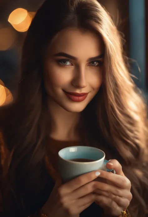 masterful, Stunning, ultra image quality, Realistic, Girl, (Beautiful Face 1.4), (, constricted waist), Long hair, Indoors, Bokeh, Beautiful light, Shiny skin, Small head, Smile, banquet, Holding a cup