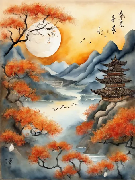 Text layout, 《poetry》, Tinta de agua，Meilanzhuju，pintura tradicional china，Clear lines, plano, graphic，La imagen debe estar escrita en cursiva "Happy Mid-Autumn Festival"，There should be a moon in the picture、Ramas de Osmanthus，Los colores son brillantes