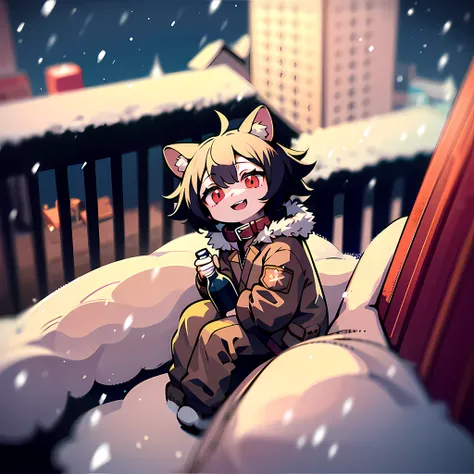 Best image quality snow，Sit on the roof，1 little boy，Holding a wine bottle in his hand，Head up 45 degrees up，having fun，adolable，big laughter，Black hair, red eyes, brown jacket， the night，Fur collar, natta，Short flowing black hair on the upper body，Small a...