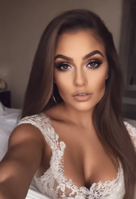 American Woman with White Lace Lingerie, fille sexy aux yeux bruns avec des gros seins, Portrait Ariana Grande, cheveux bruns et grands yeux, Selfie dune jeune femme, Yeux de chambre, Violet Myers, sans maquillage, maquillage naturel, looking straight at c...