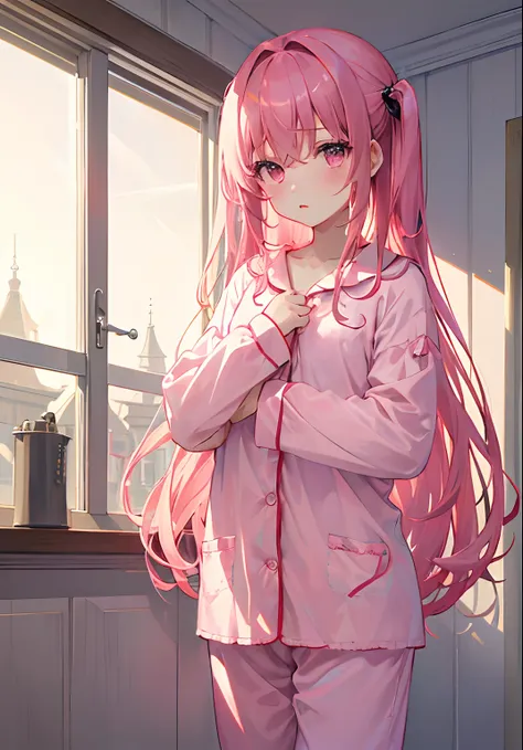 ((​masterpiece、top-quality))、女の子 1 人、独奏、s Pajamas、hold ing、inside the house、bangss、deadpan、red blush、A pink-haired、Indoor view、Pink eyes、wearing pajamas、looking at viewert、The hairstyle is long、tiny chest