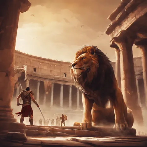 Roman slave fighting a lion in the colosseum