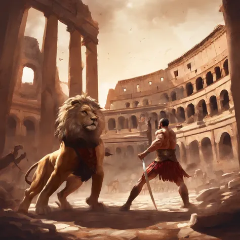 Roman slave fighting a lion in the colosseum