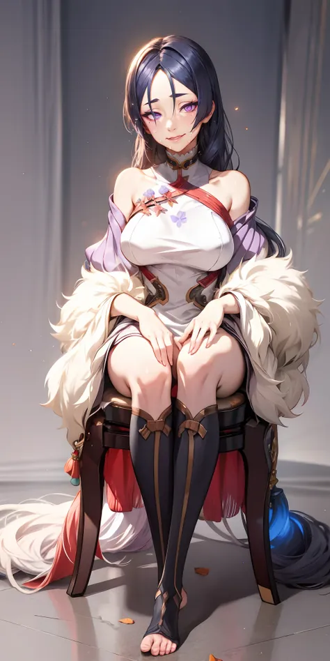 (dark-puprle hair, long hair:1.6), purple eyes,1girl, solo, barefoot, sitting, feet, bare_shoulders, dress, breasts, spread_legs, blush, looking_at_viewer, detached_sleeves, bare_legs, white_dress, full_body, chair, chinese_clothes, glow effects, godrays, ...