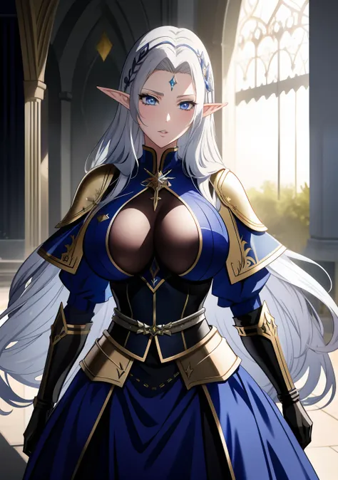 Blue gold Knight armor, sword, skirt, huge tits, busty, silver hair, elf ears, cool face,  hairpin, beauty mark under eyes, blue eyes, long hair, intrincate details, detailed, masterpiece, best quality, 4K, HDR, royal hall, gothic building, upperbody,