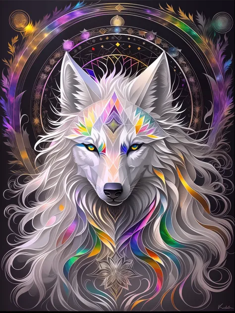 Painting of white wolf head on black background,, breath-taking rendering, Inspired by Kinuko Y, Magical rainbow elements,Splendid circular rainbow composition，Circular composition，Solo