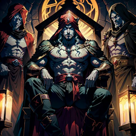 Castlevania Hyper Realistic Shadow Lord Super Detailed Dynamic Plan Master Piece of Lord Dracula Medieval Arab Warrior with Red Turban Scary Face Hokuto No Ken Structure Muscular Face Kenshiro Sitting in His Great Legendary Moroccan Throne Surrounded by De...