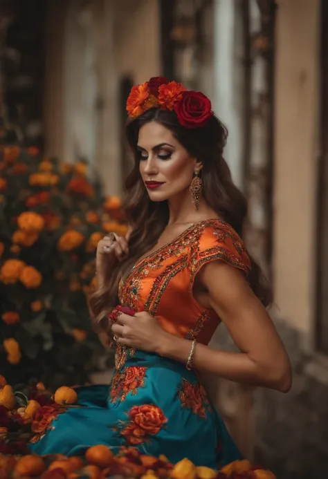 36-year-old beautiful Caucasian woman, vestida con atuendo de dia de muertos, grabando un video de tik tok , alta calidad, cuerpo completo