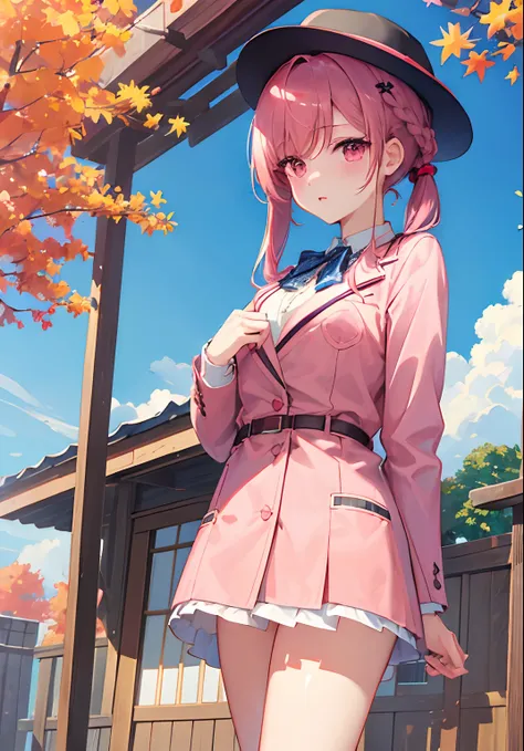 ((​masterpiece、top-quality))、女の子 1 人、独奏、student clothes（blazers）、hold ing、Skysky、​​clouds、Hats、outside of house、bangss、deadpan、red blush、A pink-haired、Autumn scenery、Pink eyes、student clothes（blazers）Wearing a costume of、looking at viewert、Hairstyle is pon...