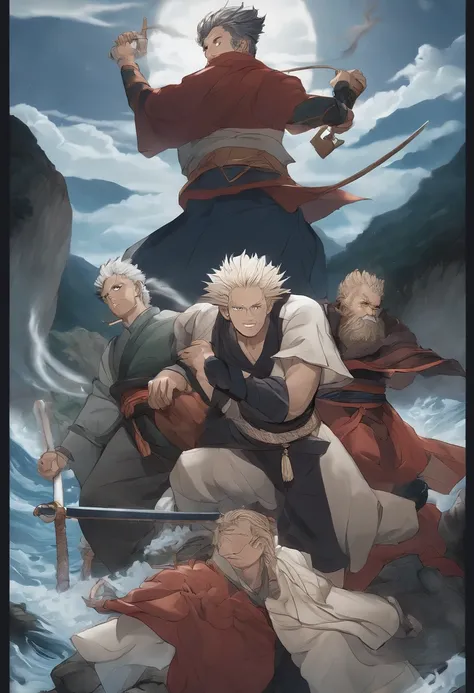 jujutsu kaisen characters stacked up like a marvel movie poster with background of Yamakawa，rios，Sun，Mountain and Sea Lark Scroll，Ancient mythology of the Mountain and Sea Sutra，mythological beasts，Epic composition，shadowing，National style