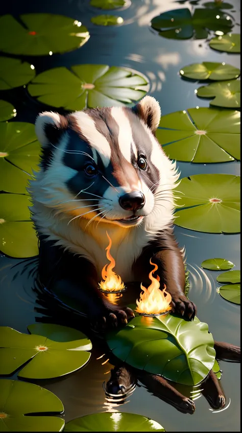 a badger on top of a lily pad with the water on fire