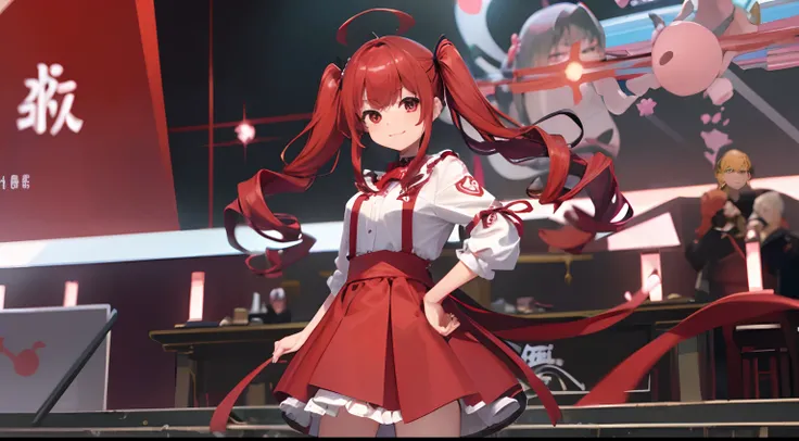 kawaii、1girl in、hiquality、((​masterpiece))、Tet、KasaneTeto、Twindrill hair、Smile in public、at stage、red hairs、neat clothes of neat gray color,,,、Red curly hair like a drill、red eyes、Idle Pose、