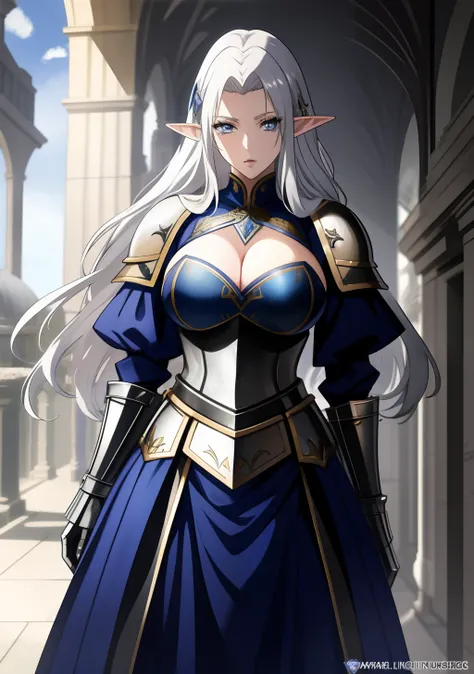 Blue gold Knight armor, knight helmet, skirt, huge tits, busty, silver hair, elf ears, cool face, beauty mark under eyes, blue eyes, long hair, intrincate details, detailed, masterpiece, best quality, 4K, HDR, royal hall, gothic building, upperbody,