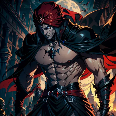 Castlevania Hyper Realistic Shadow Lord Super Detailed Dynamic Shot Master Piece of Lord Dracula Medieval Arab Warrior with Red Turban Scary Face Hokuto No Ken Structure Face kenshiro with his very Beautiful Princess Glowing Crystal Eyes Hyper Realistic Su...