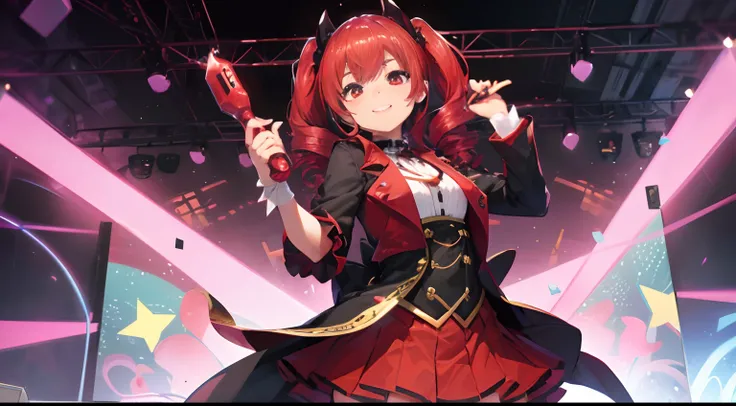 kawaii、1girl in、hiquality、((​masterpiece))、Tet、KasaneTeto、Twindrill hair、Smile in public、at stage、red hairs、neat clothes of neat gray color,,,,、Red curly hair like a drill、red eyes、Idle Pose、