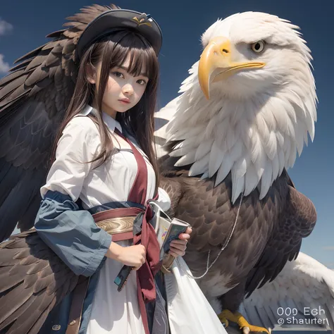 girl with long hair standing with the beak of an eagle