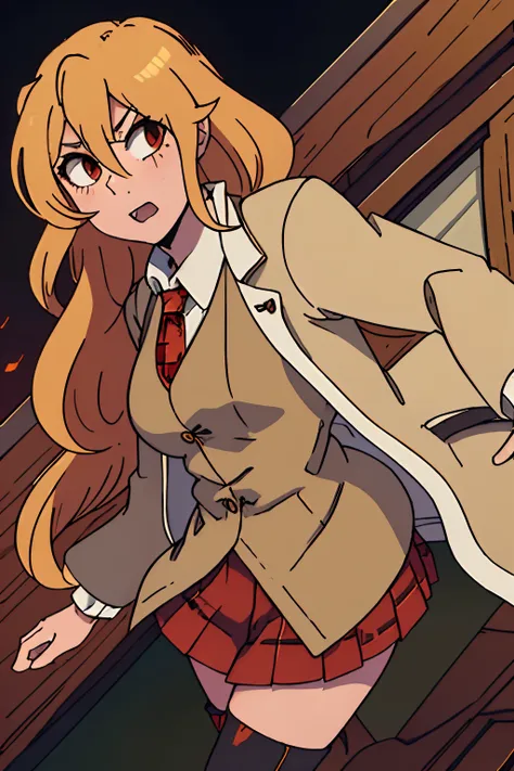 long blonde hair, thigh length hair, brown longcoat, green vest, open vest, medium breasts, solo female, vampire, red eyes, fang...