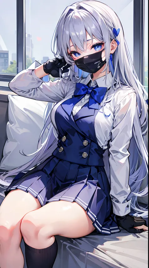 Silver hair bow tie on hair blue eyes with heart shape pupils in school uniform blushing while sitting  gloves arm length mask on face