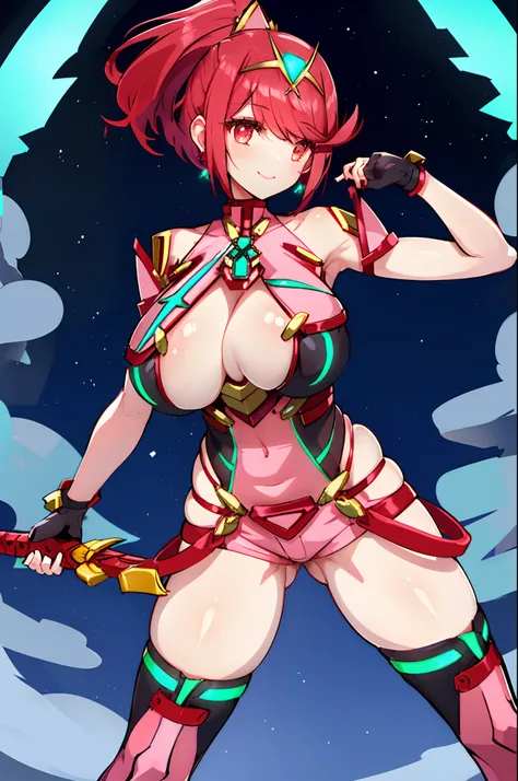 pyra (xenoblade), teen_1girl, loli, bangs, black gloves, breasts, red eyes, shout, earrings, eyelashes, fingerless gloves, floating hair, , gem, gloves, hair ornament, headpiece, jewelry, gigantic_breasts, leaning back, swimsuit, neon trim, official art, p...