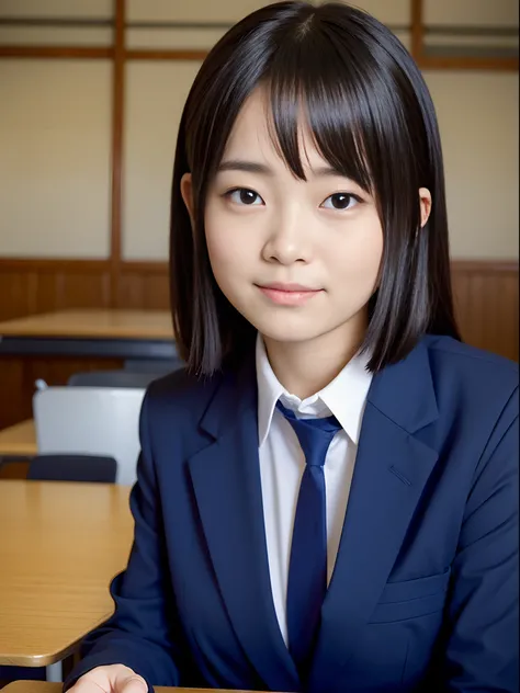 Japan schoolgirl sitting in classroom、(((She winked slowly with her right eye)))、Makes communication with students around you enjoyable、Quiet scene in the classroom、Fascinating expression of a special connection with other students、17 age