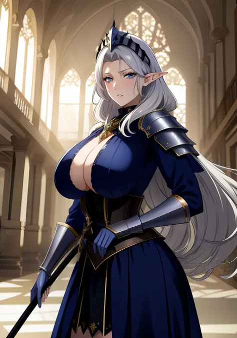 Blue gold Knight armor, knight helmet, skirt, huge tits, busty, silver hair, elf ears, cool face, beauty mark under eyes, blue eyes, long hair, intrincate details, detailed, masterpiece, best quality, 4K, HDR, royal hall, gothic building, upperbody,