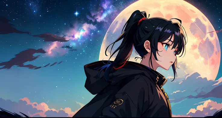 超高分辨率，Under the night sky(Moon 1，Galaxy 1，Meteor 6) ，1girl(Anime style，Glowing blue pupils，Black hair，With a ponytail，dressed in a black coat，Exquisite facial features，cheeks slightly red，The upper part of the body)，Side view