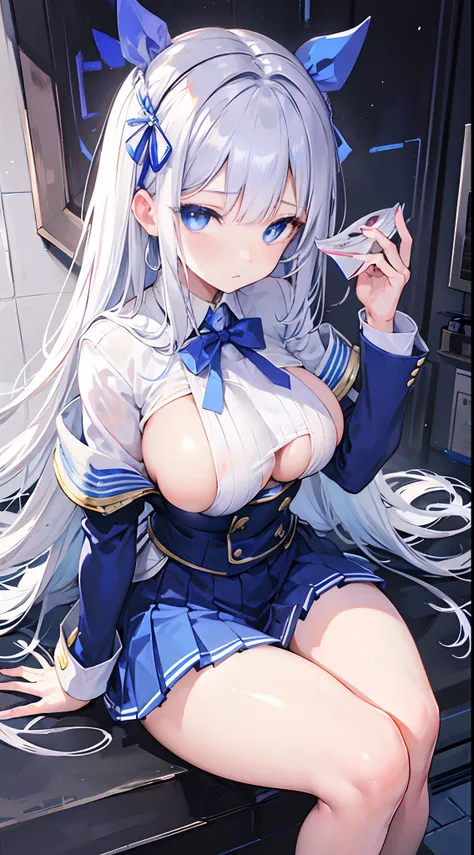 Silver hair blue eyes ribbon on hair mask covering face with golves till wrist school uniform medium boobs diamond shape pupils