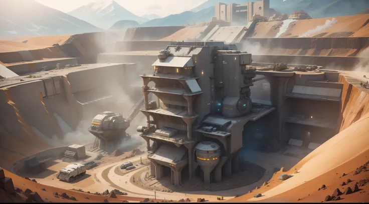 Sci-fi industrial high-tech mining complex in a large mining quarry, Ultra-detailed giant 100 metres high metal structures, mining machines dig the soil and pour it into giant trucks, Volumetric light at noon