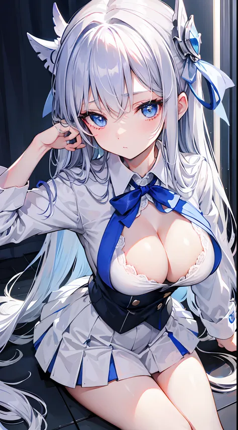 Silver hair blue eyes ribbon on hair mask covering face with golves till wrist school uniform medium boobs diamond shape pupils