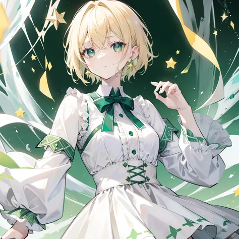 blond with short hair，white skinned，Dark green pupils，There are four-pointed stars in the eyes，Green one-sided earrings, White clothes，A short plaid skirt in green，Super nice looking, Extra cute and lovely