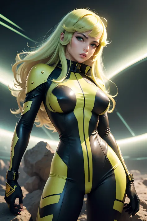 Close-up of a woman dressed in green and yellow, Heavy metal manga cover art, Barbarella, Ash Thorp, offcial art, panoramic widescreen view, Megardes, Matte tinting, 1970s, syndicate(2012), psionic, Starcloud, author：Juan Gimenez, 1 9 7 0 seconds