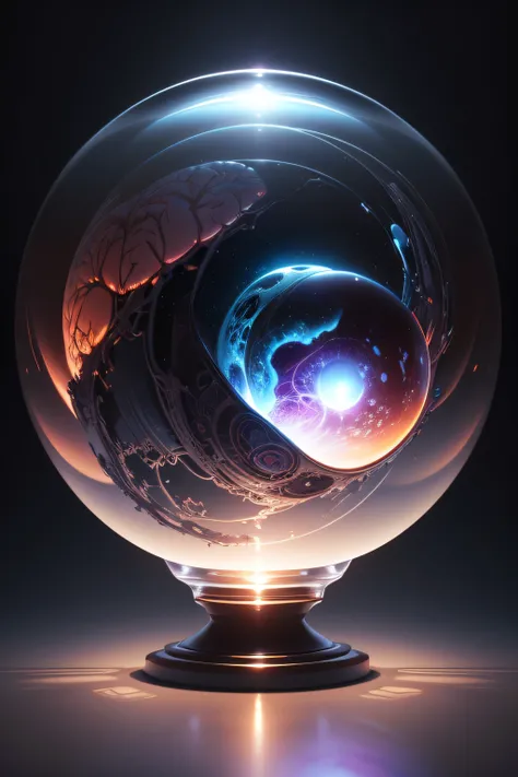 Brain inside a glass sphere , high detail, fantasy, realistic, light effect, hyper detail, volumetric lighting, cinematic, macro, depth of field, blur, red light and clouds from the back, highly detailed epic cinematic concept art cg render made in maya, b...