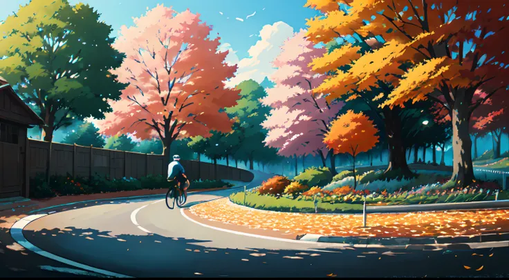 (cycliste seul: 1.5), (Realistic bike: 1.5), (realistic cyclist: 1.5), Plan en gros plan, Le meilleur des meilleurs, automne, Orange leaves, Landscaped background, ombres, contraste, Makoto Shinkai (beste-Qualit:1.3), (high resolucion:1) Art par Studio Ghi...